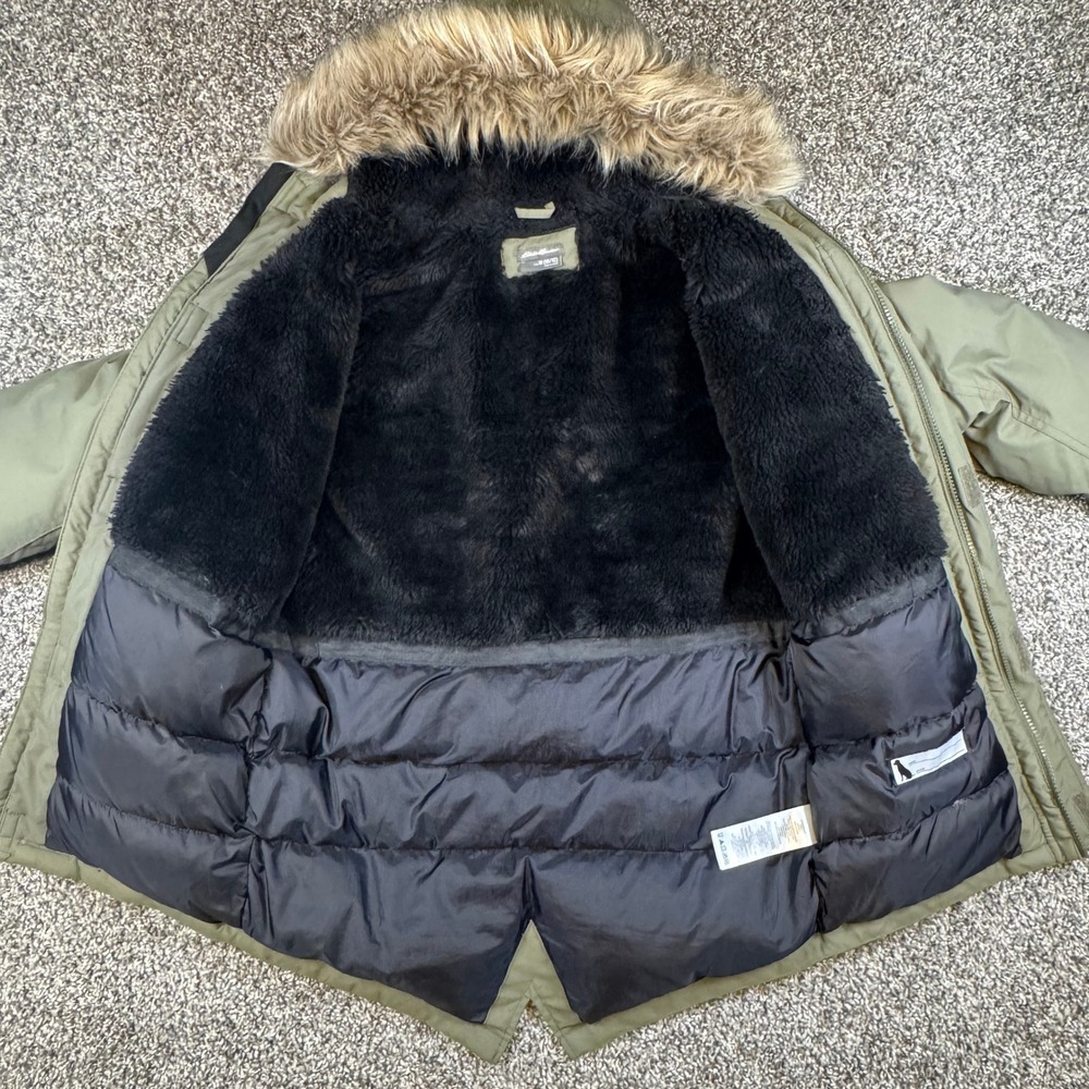 Eddie Bauer Superior Down Parka Boys M 10/12 Olive Green Faux Fur Hood Coat - Picture 3 of 10